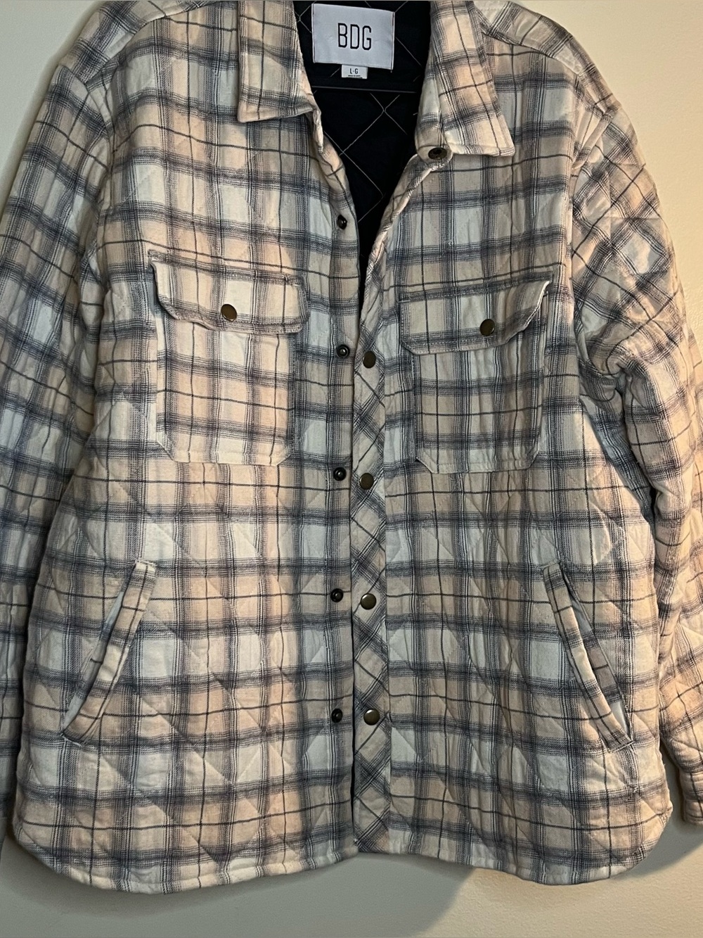 BDG Quilted Plaid Jacket in Ivory and Gray size L